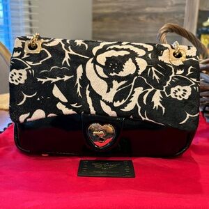 Sharif Black and White Floral Chain Shoulder Bag. Leather. NWT